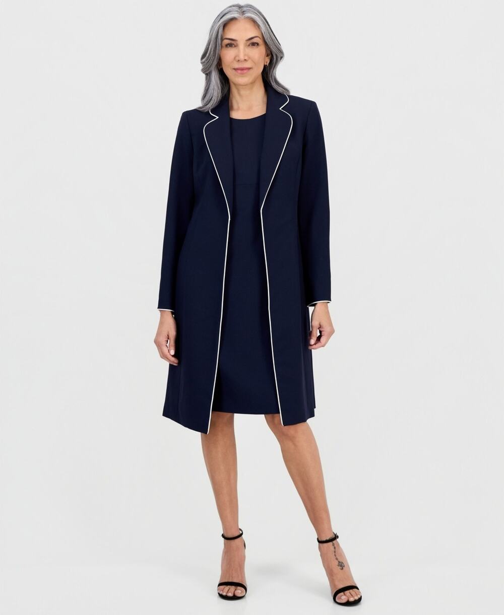 Le Suit Topper Jacket & Round-Neck Sheath 2 Piece Dress Suit Navy Size 14 3754